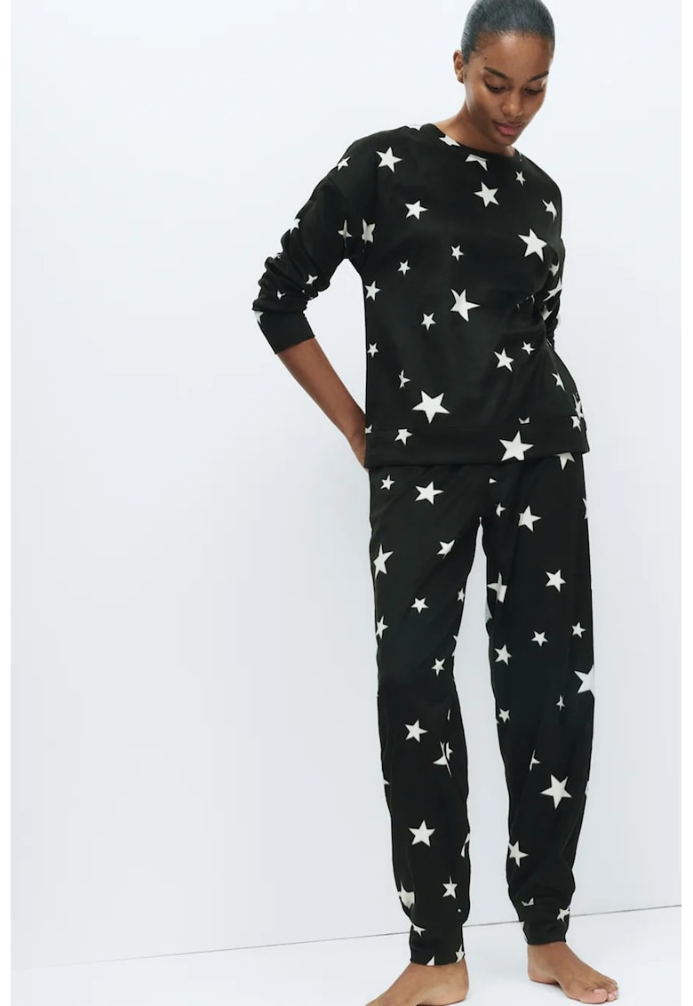 Marks Spencer Pijama cu aspect de catifela cu model - Negru/Negru stins/Alb optic