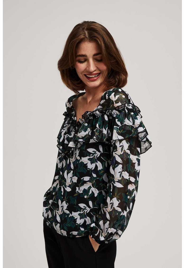 Camasa cu Volane si Model Floral - Negru