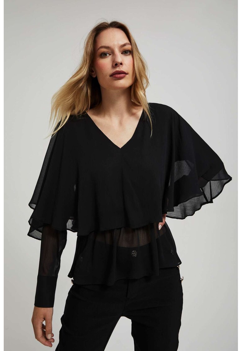 Cămașă neagră - cu volane - decolteu în V - Negru