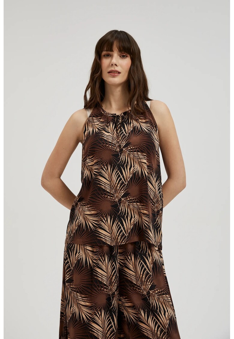 Camasa neagra cu imprimeu tropical si decolteu legat - Negru