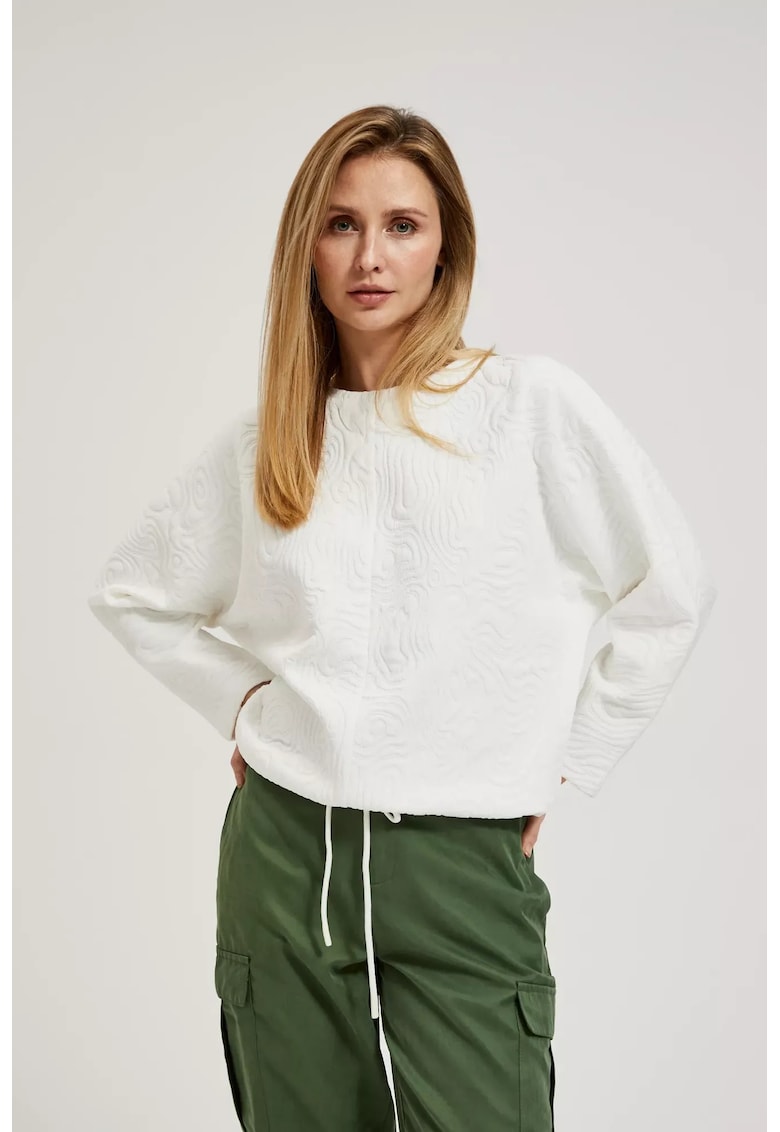 Sweatshirt alb cu guler rotund si legare la talie - Alb murdar