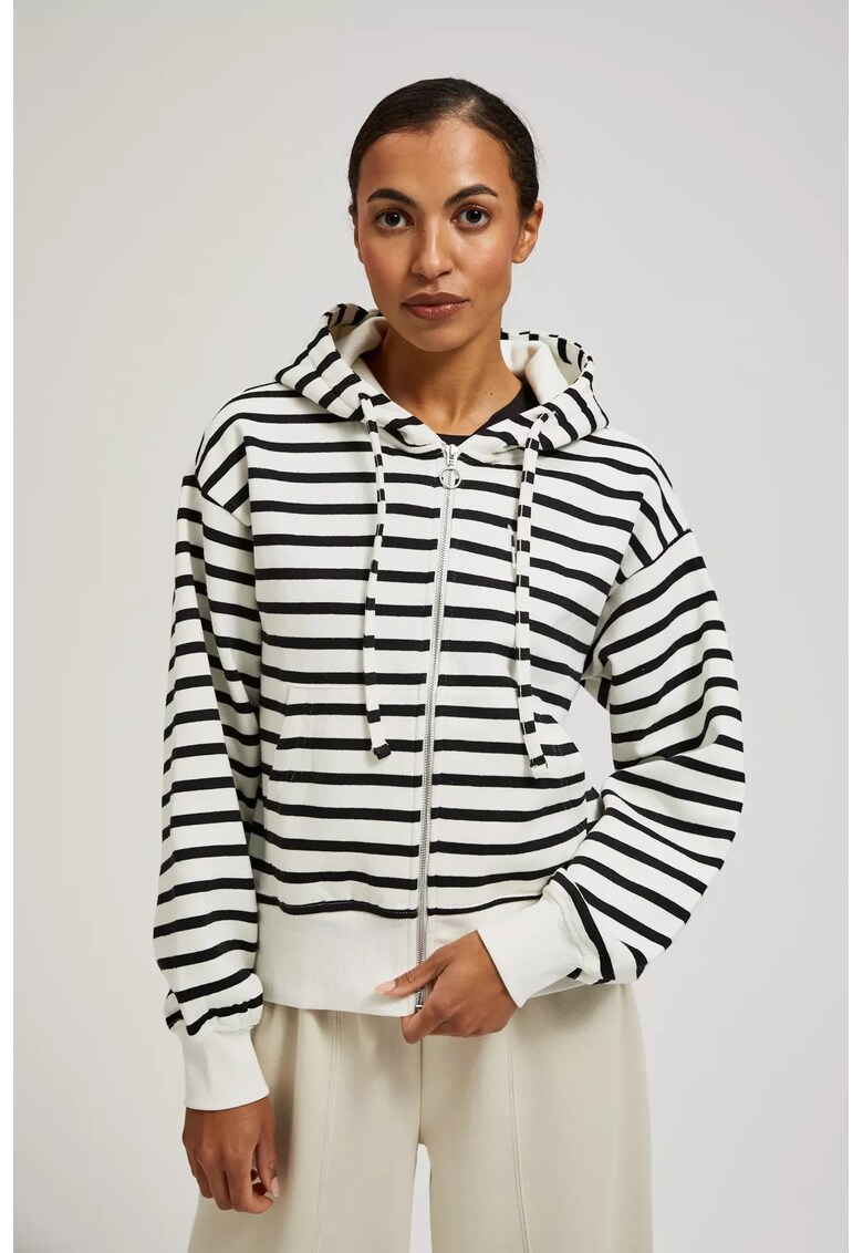 Hanorac cu dungi negre si albe - cu gluga si fermoar - Alb