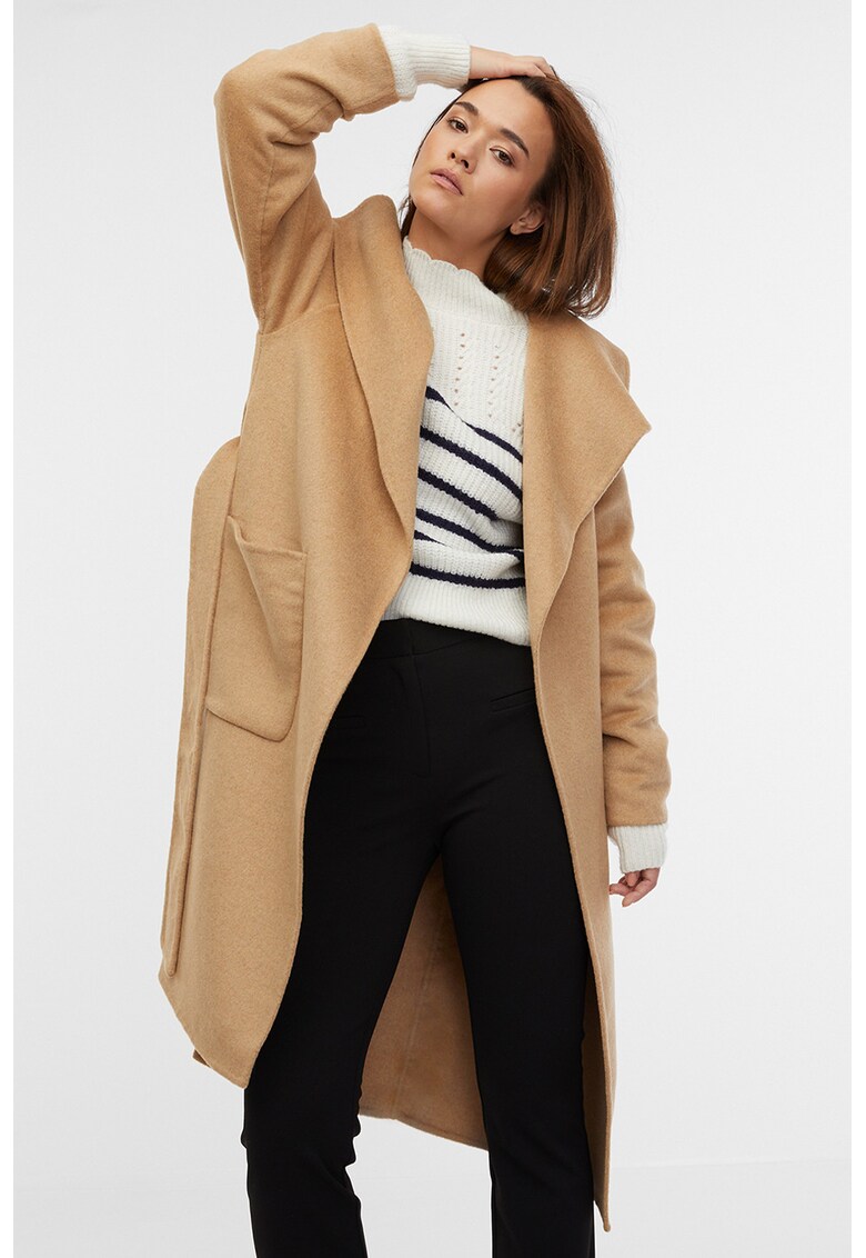 Palton din amestec de lana cu cordon in talie - Maro camel