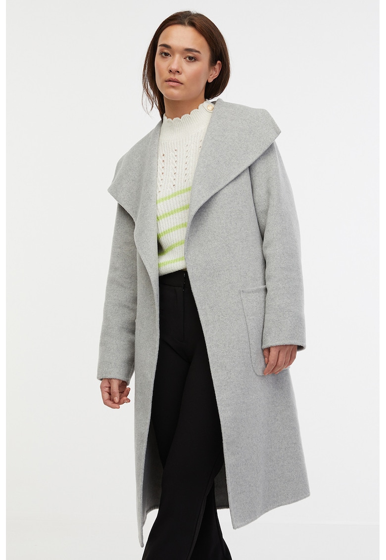 Palton din amestec de lana cu cordon in talie - Gri deschis melange