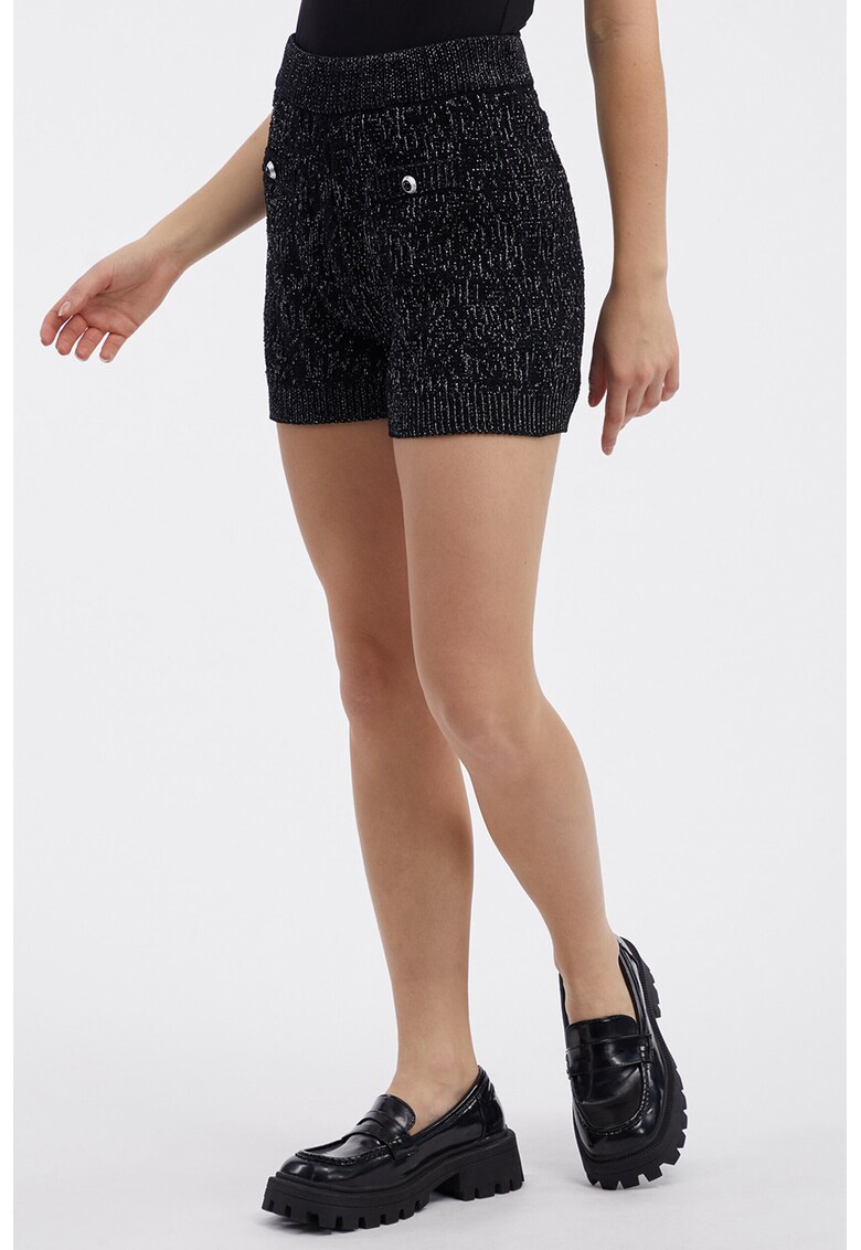 Pantaloni scurti tricotati cu insertii de fire stralucitoare - Negru melange
