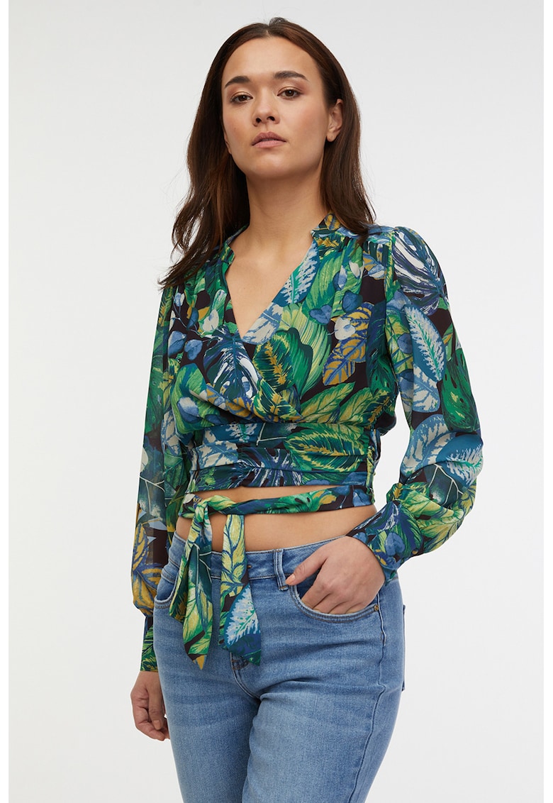 Bluza crop cu decolteu cache-coeur - Verde/Albastru