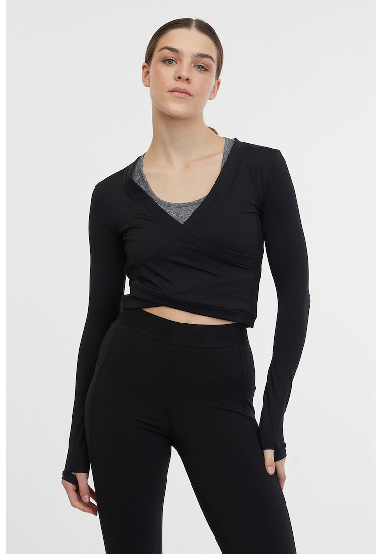 Bluza crop cu croiala petrecuta pentru fitness - Negru