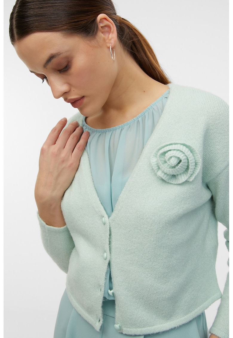Cardigan crop cu aplicatie cu model floral - Albastru aquamarin