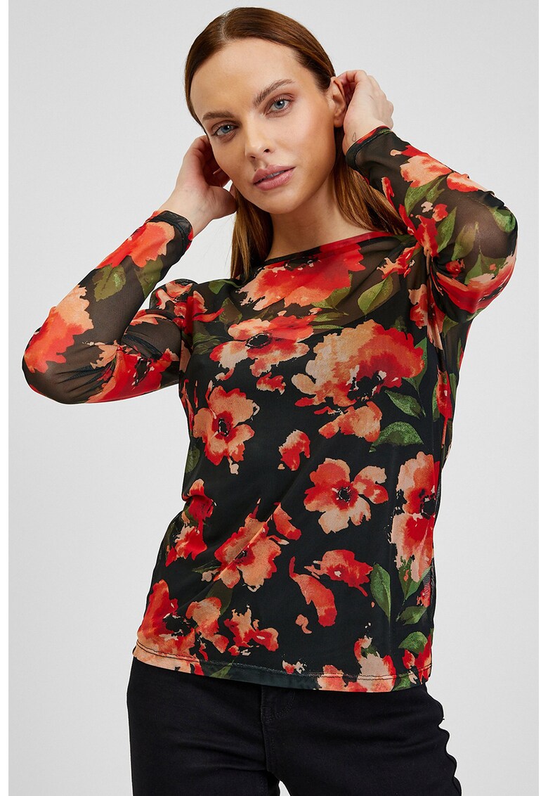 Bluza din tul cu imprimeu floral - Negru/Caramiziu
