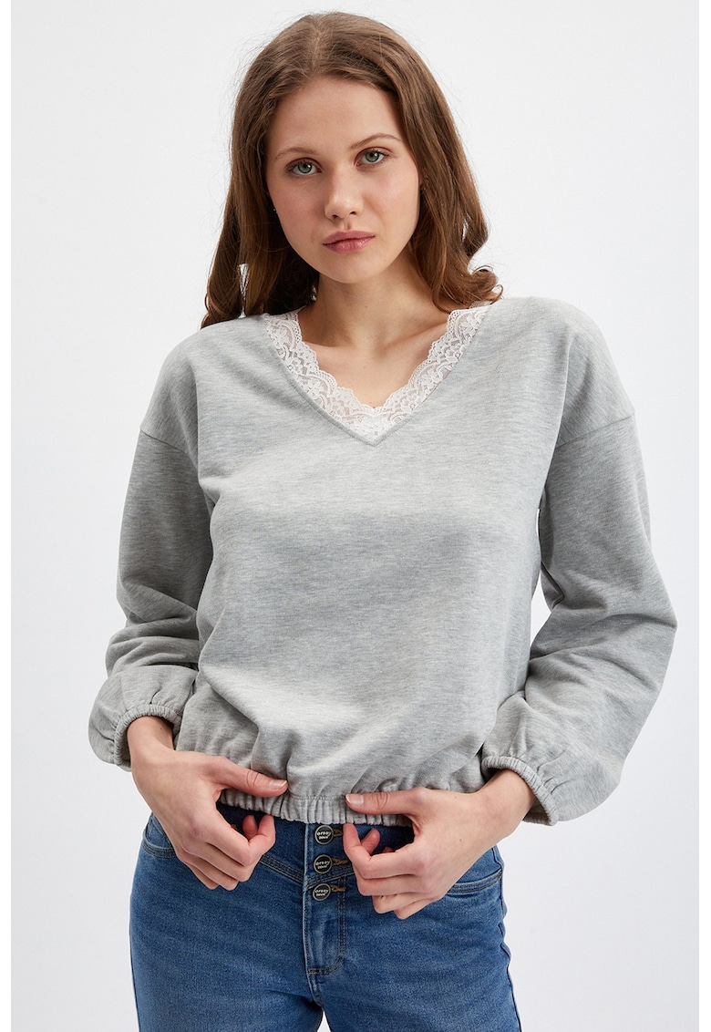 Bluza cu decolteu in V si maneci cazute - Gri deschis melange