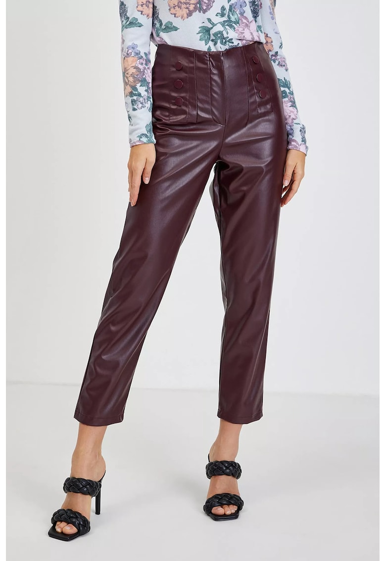 Pantaloni crop din piele ecologica si talie inalta - Violet tyrian