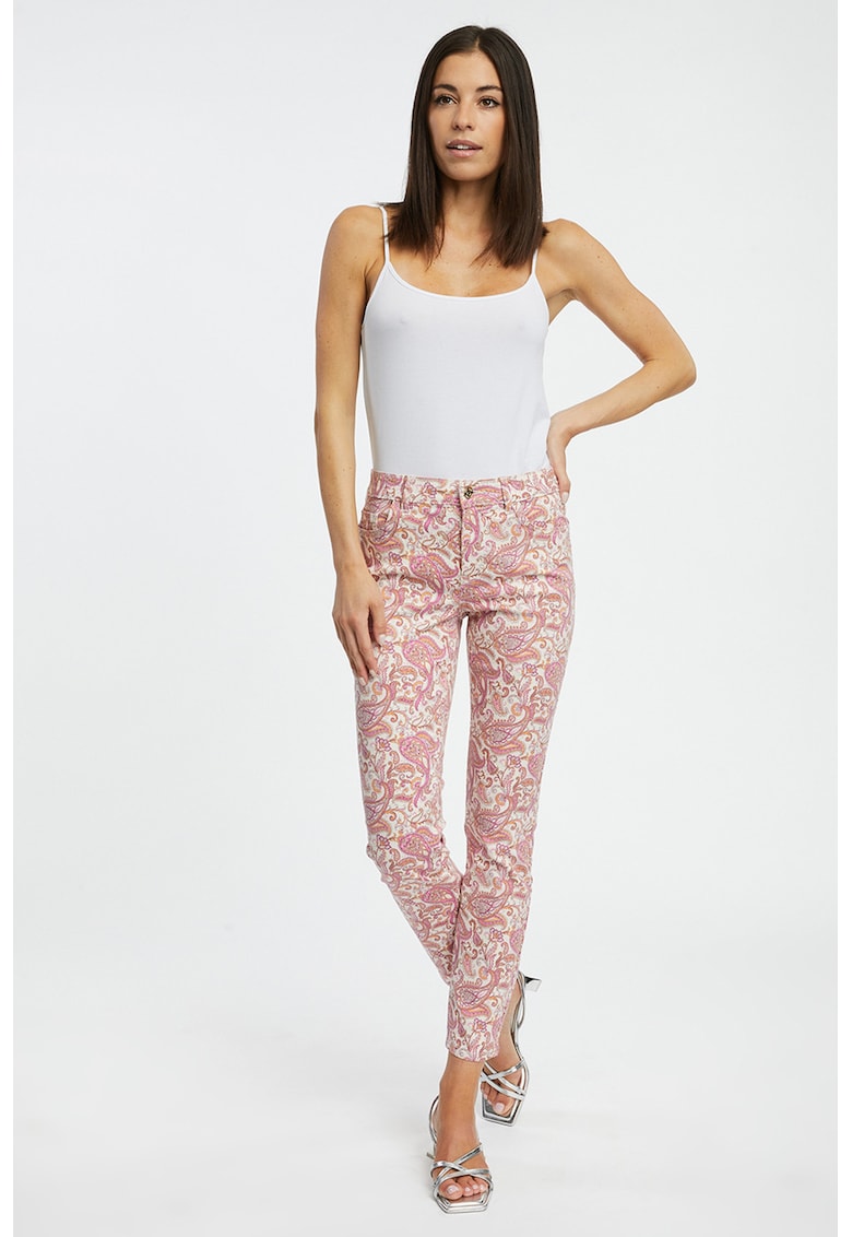 Blugi skinny cu design floral - Alb murdar/Roz
