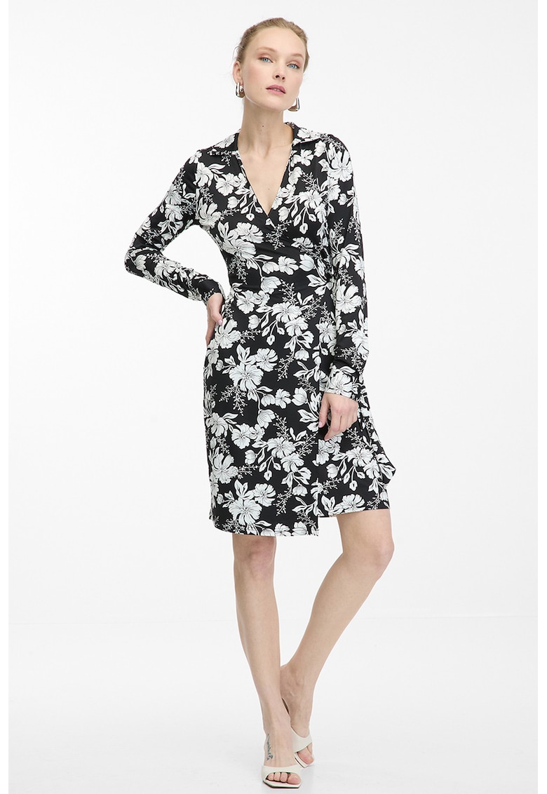Rochie midi cu model petrecut - decolteu in V si model floral