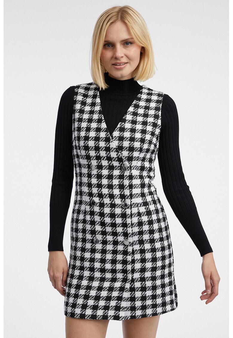 Rochie-sacou scurta cu model in carouri - Alb/Negru