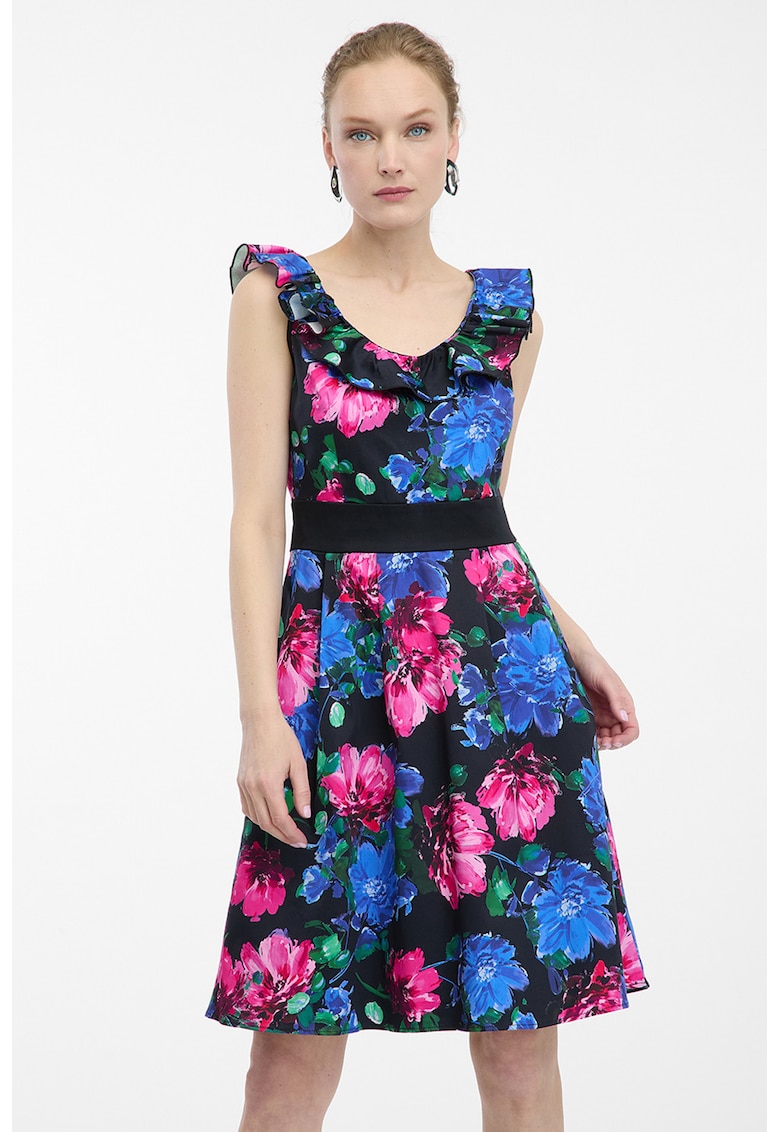 Rochie cu decolteu cu volan - Albastru royal/Roz
