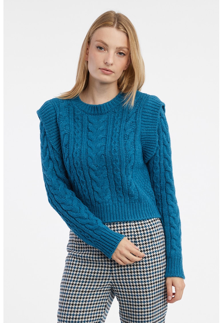 Pulover cu decolteu la baza gatului si model torsade - Albastru petrol
