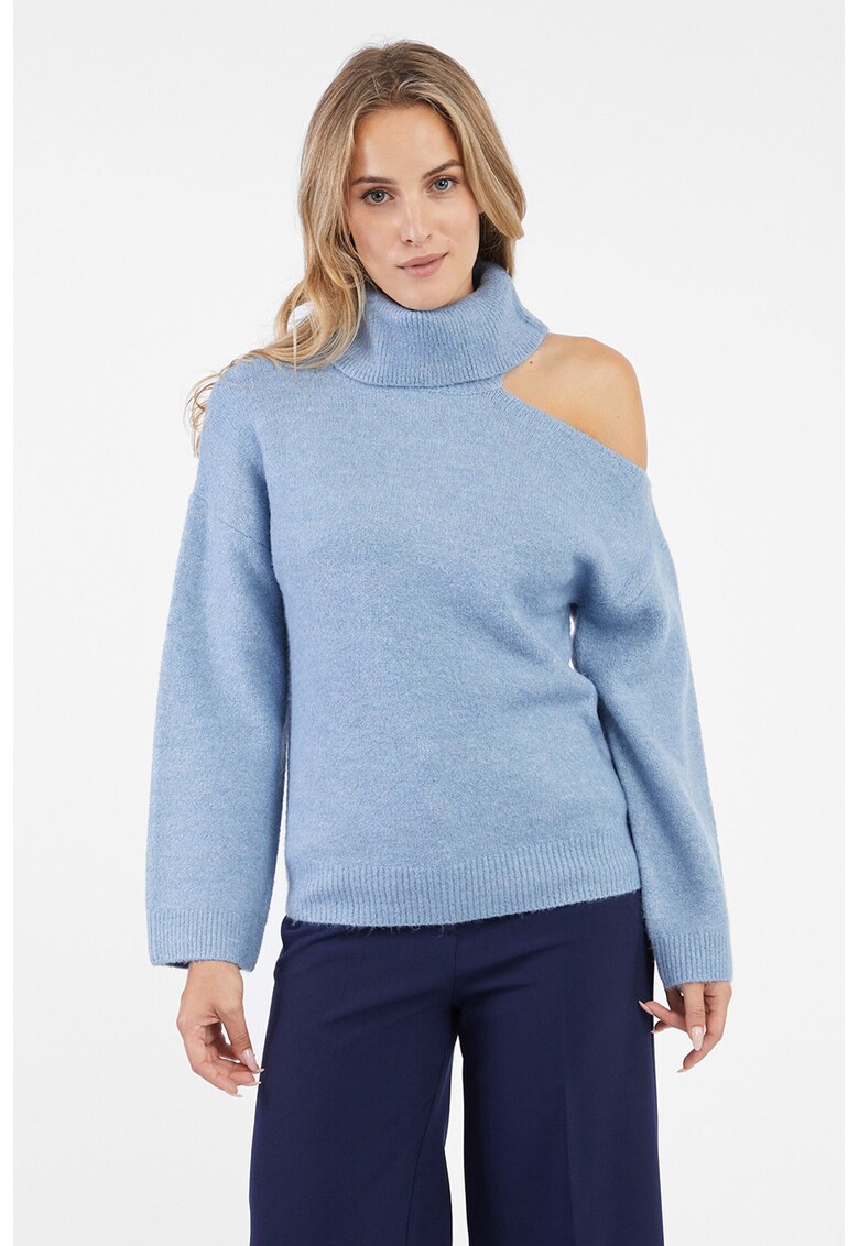Pulover cu guler inalt si decolteu pe un umar - Albastru deschis