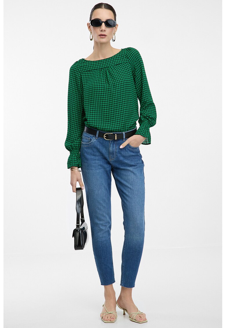 Bluza cu decolteu rotund si model houndstooth - Verde englez