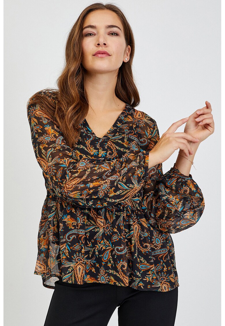 Bluza cu model si decolteu in V - Negru/Fucsia/Turcoaz