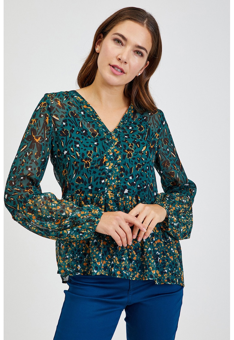 Bluza cu model si decolteu in V - Negru/Maro