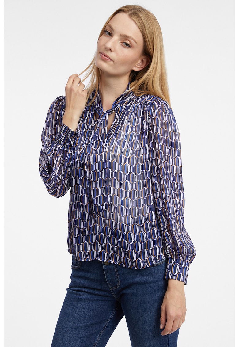 Bluza cu model geometric si funda din panglici - Bleumarin