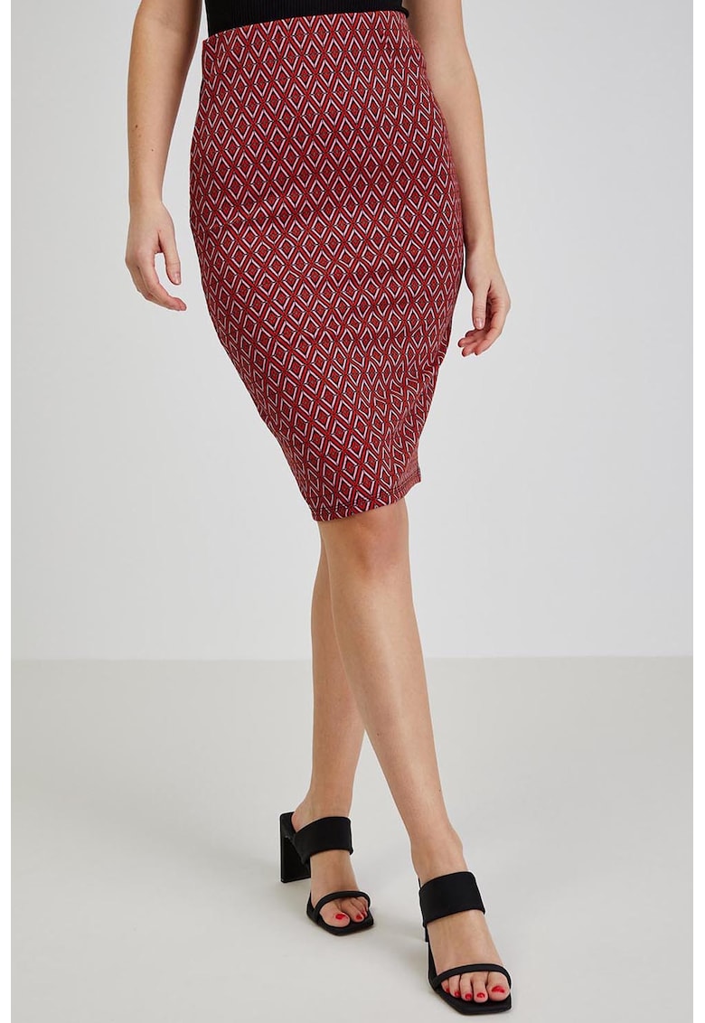 Fusta midi cu croiala cambrata si model - Negru/Rosu inchis