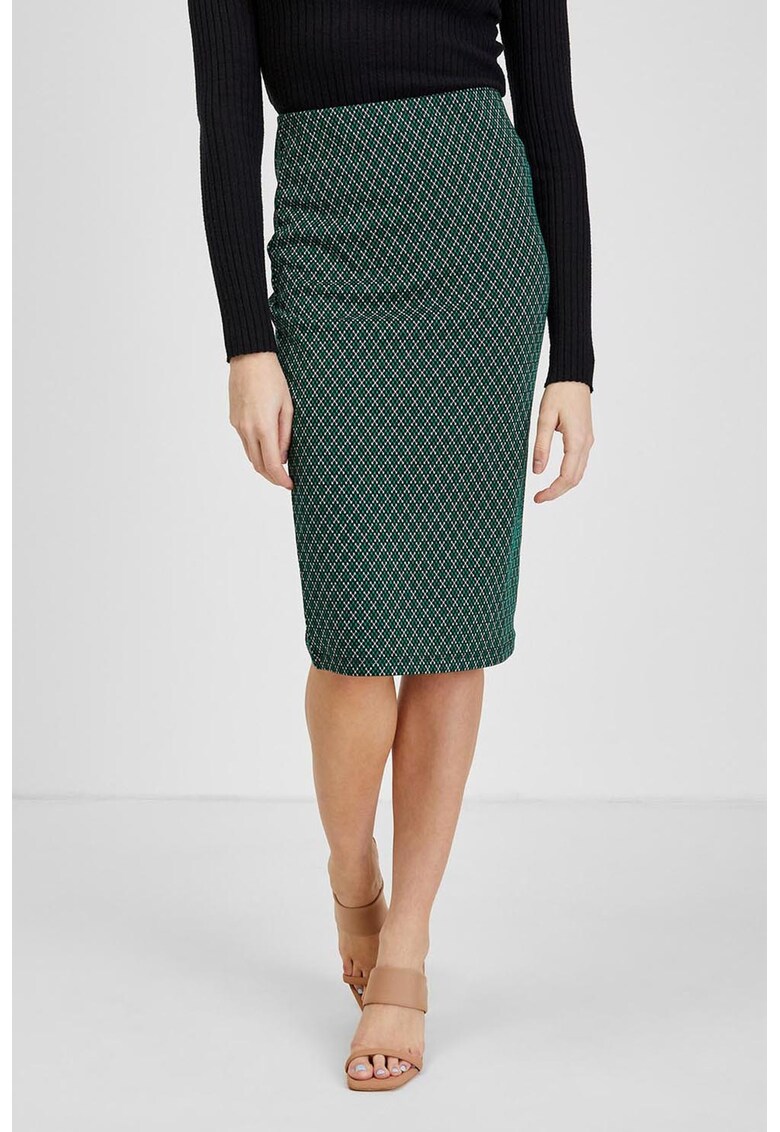 Fusta midi cu croiala cambrata si model in carouri - Verde