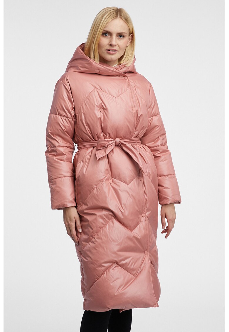 Geaca lunga cu umplutura de puf si cordon in talie - Roz somon