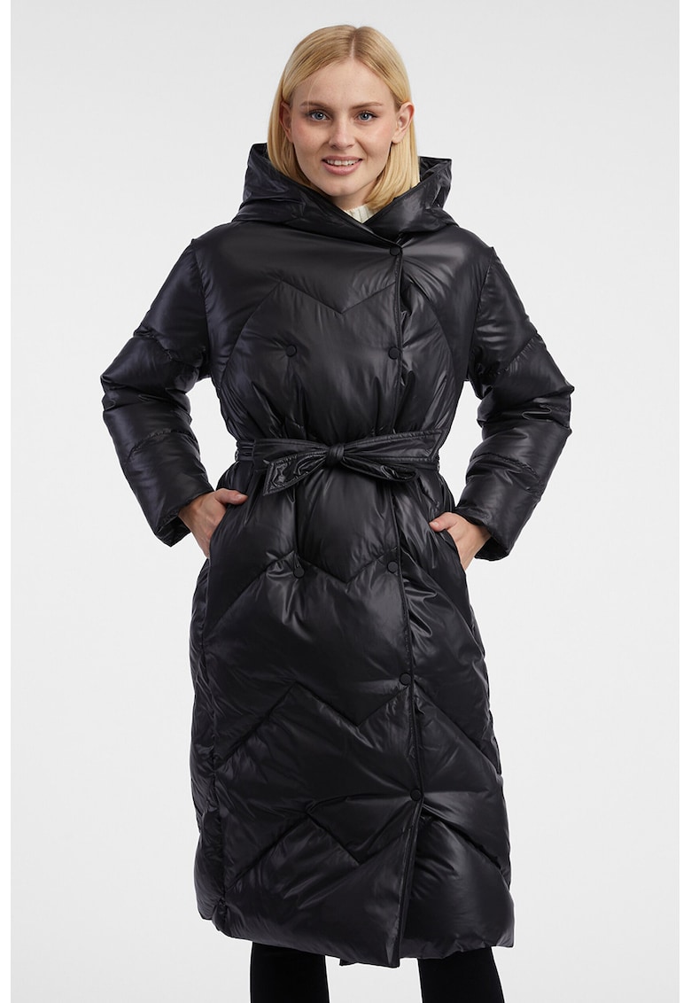 Geaca lunga cu umplutura de puf si cordon in talie - Negru
