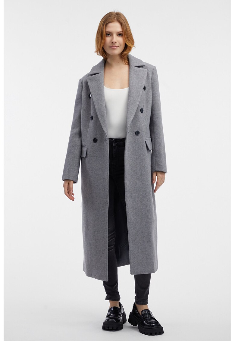 Palton lung din amestec de lana cu nasturi - Gri melange