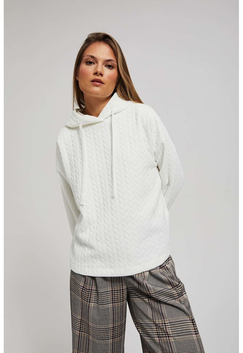 Hanorac cu gluga si maneci lungi in perlat - Alb murdar