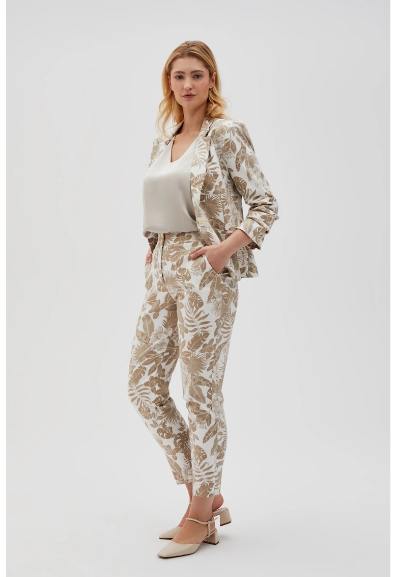 Pantaloni bej cu model vegetal - Alb murdar