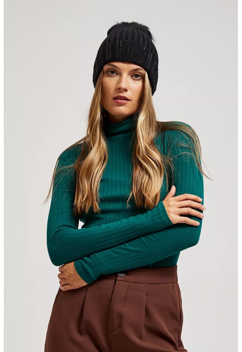 Caciula cu pompon decorata cu strasuri neagra ONE SIZE
