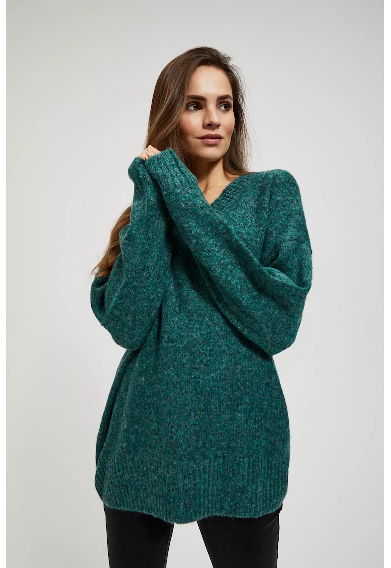 Pulover neted cu decolte in V - Verde inchis