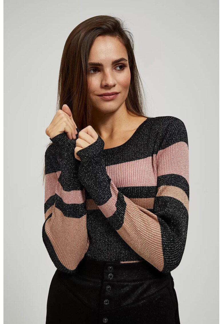 Pulover negru cu dungi si fir metalic - cu decolteu rotund - Negru