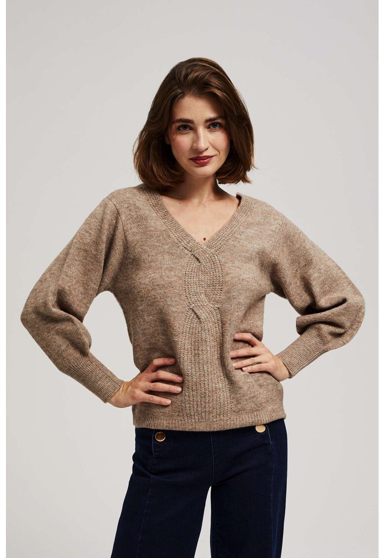 Pulover bej cu decolte in forma de V - Gri