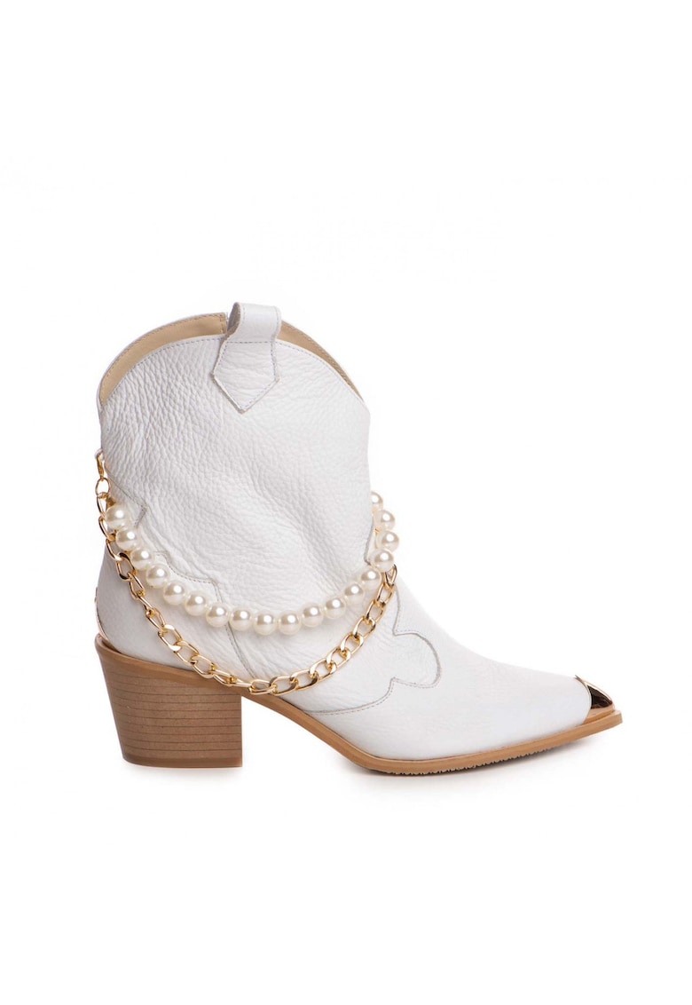 Ciocate Camilla piele naturala alba de dama cu lant auriu si perle