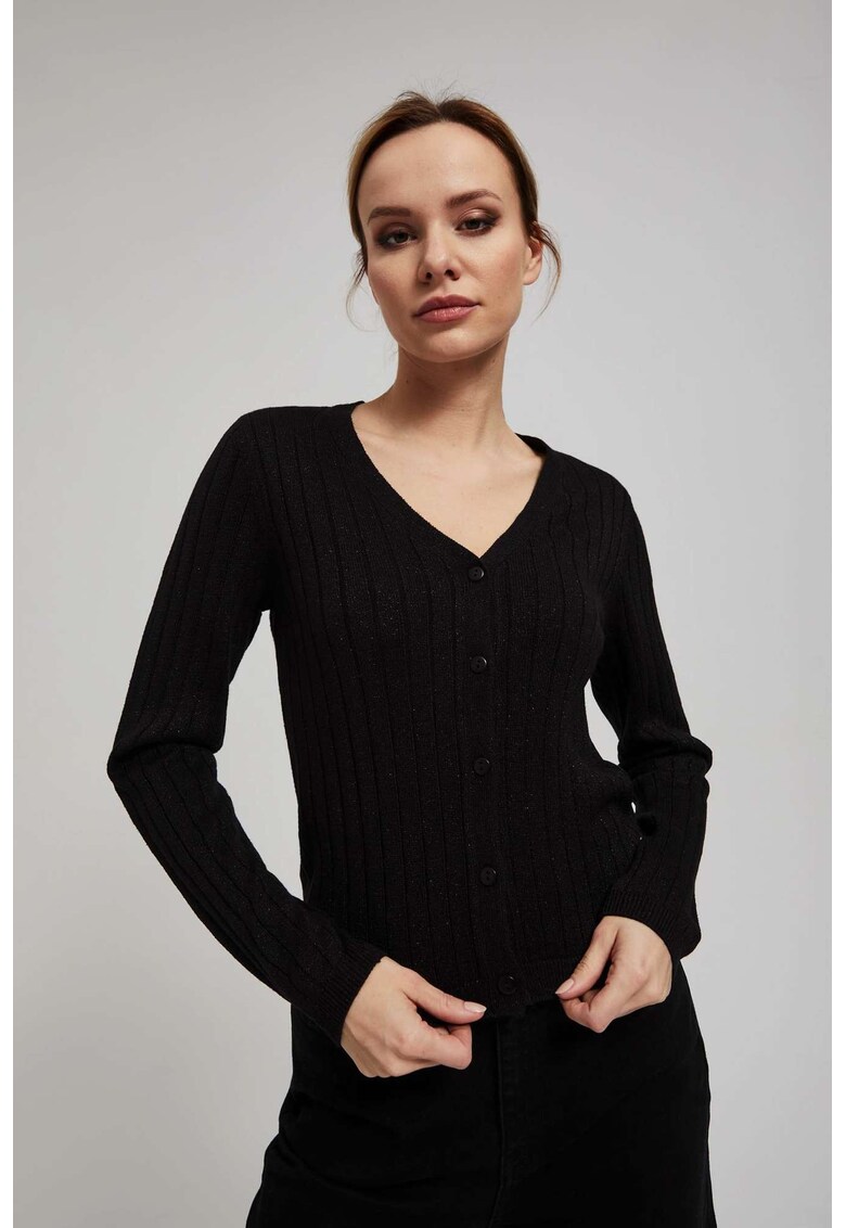 Pulover negru cu fir metalic - decolteu V - lungi - Negru