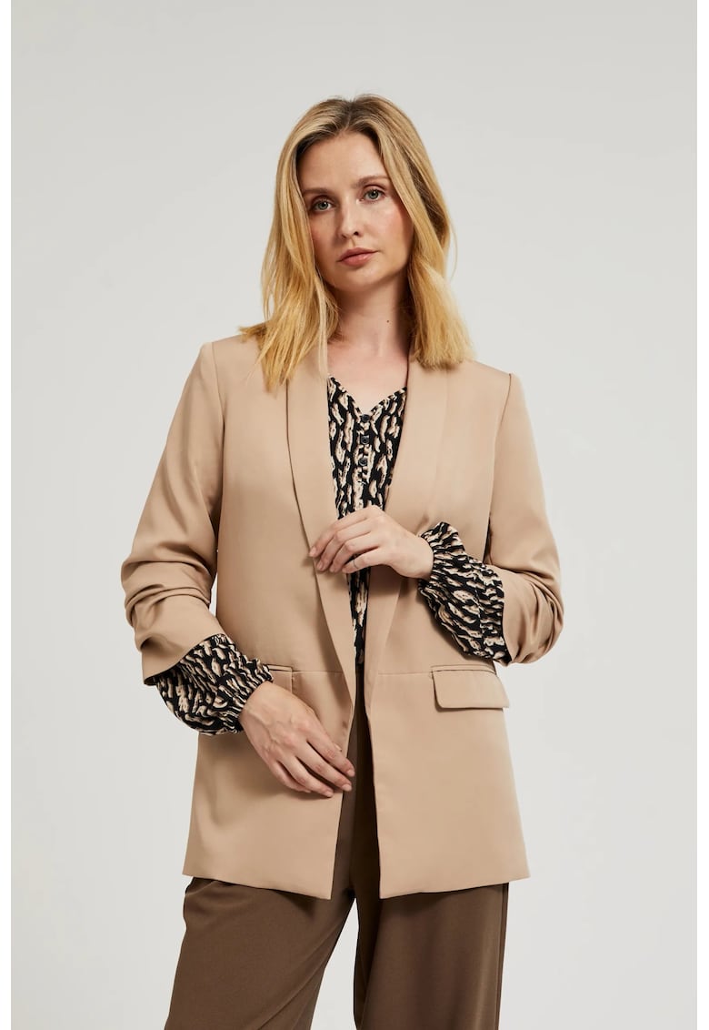 Sacou bej neted cu maneci gathered 3/4 - Maro deschis