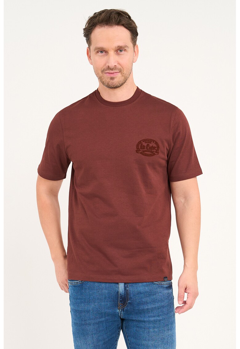 Tricou cu decolteu la baza gatului si logo - Maro cognac
