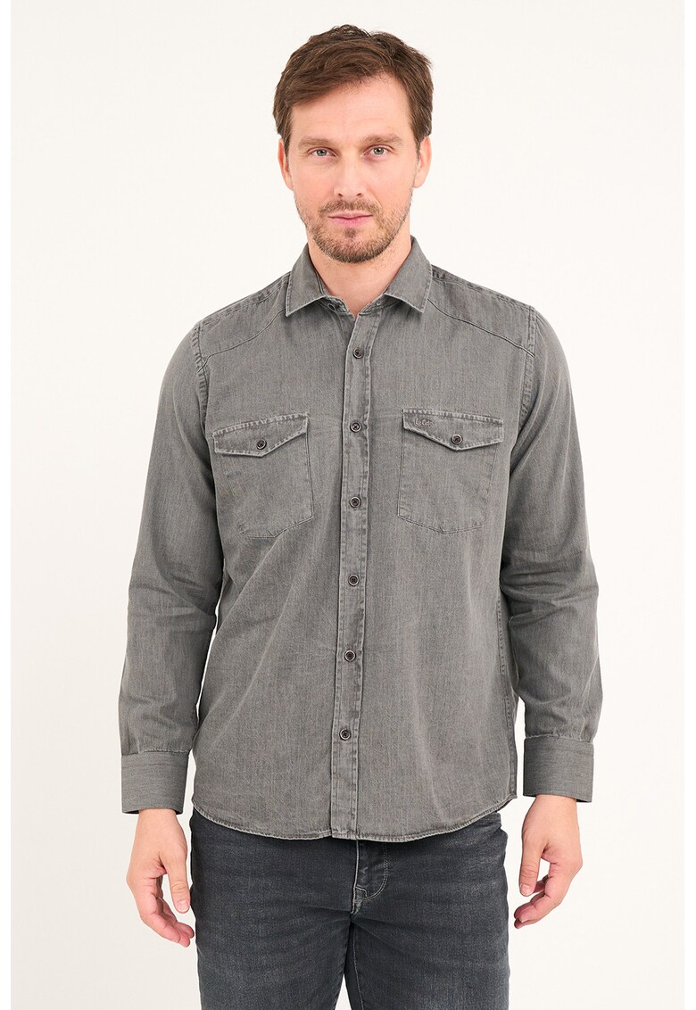 Camasa din denim cu buzunare pe piept - Gri inchis