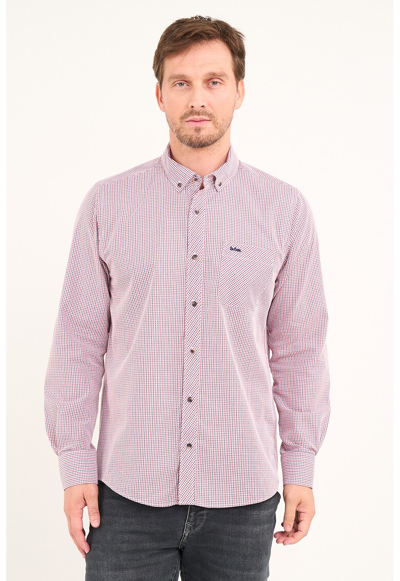 Camasa in carouri cu guler fixat cu nasturi - Rosu/Alb/Bleumarin