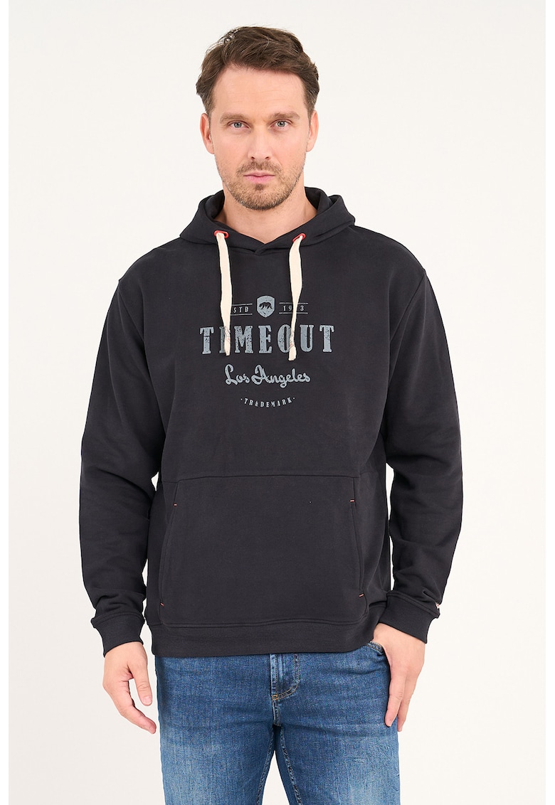 Hanorac cu logo si buzunar kangaroo - Negru/Gri cenusiu