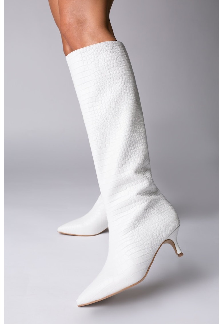 Cizme Frosted Charm cu toc kitten - piele naturala de culoare alba