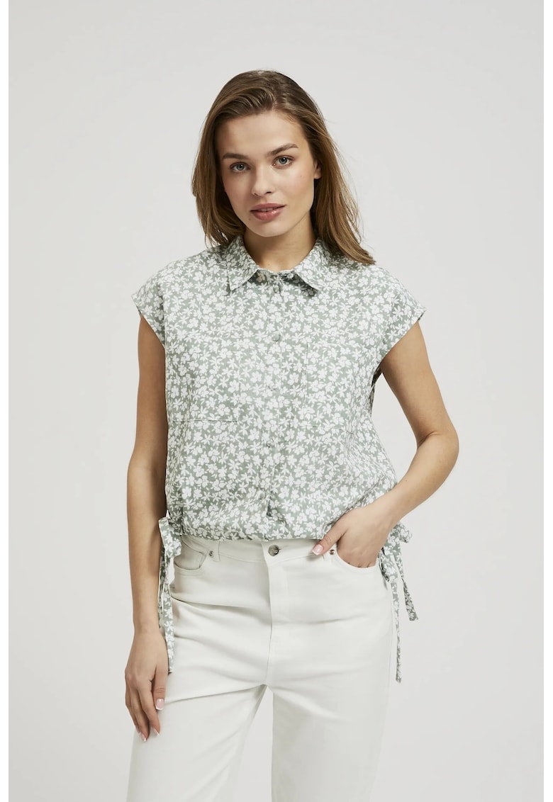 Camasa florala verde maslin cu maneca scurta si guler - Verde