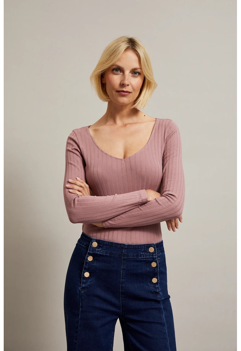 Bluza ribbed cu decolteu in V - Roz