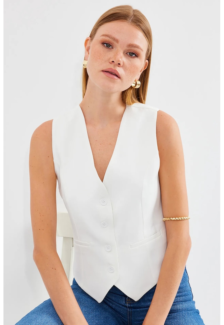 Vesta cu nasturi - decolteu in V - buzunar - crem ivoire - textil