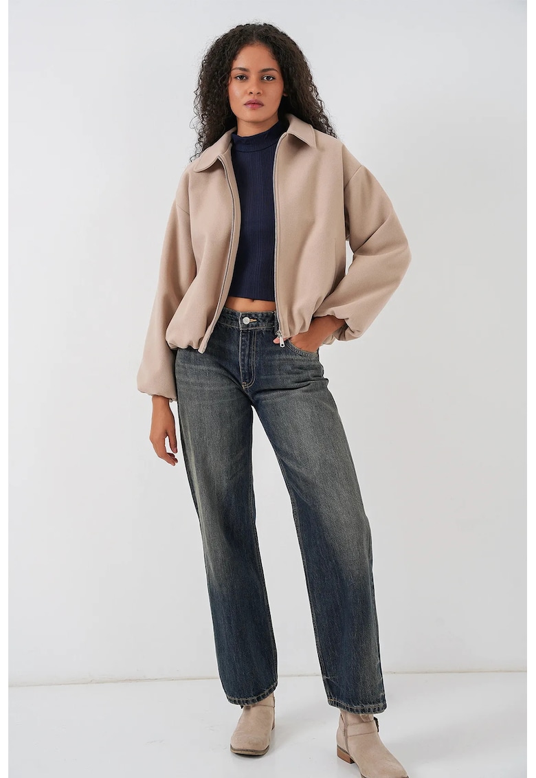 Geaca bomber bej - textil - cu fermoar si buzunare