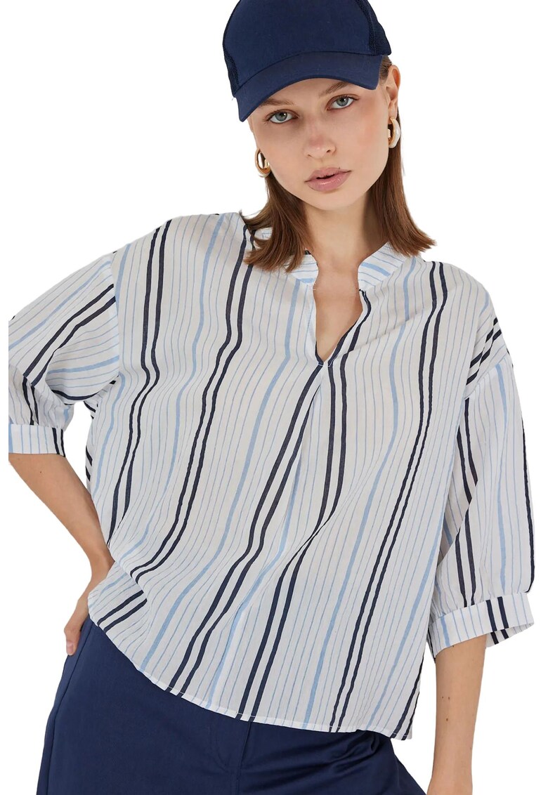 Bluza dama - HiCCUP - cu decolteu in V - dungi - albastru gheata - textil