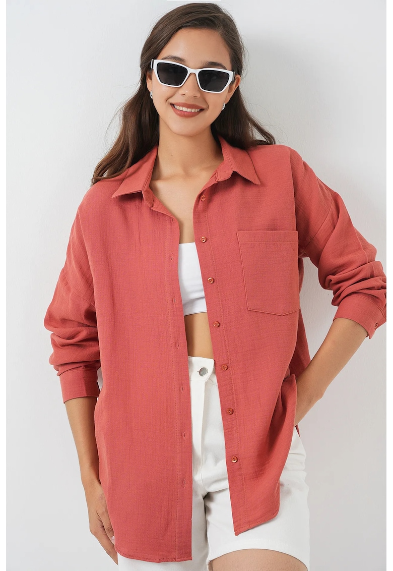 Camasa dama supradimensionata din amestec de in - portocaliu pal - cu detalii de buzunar